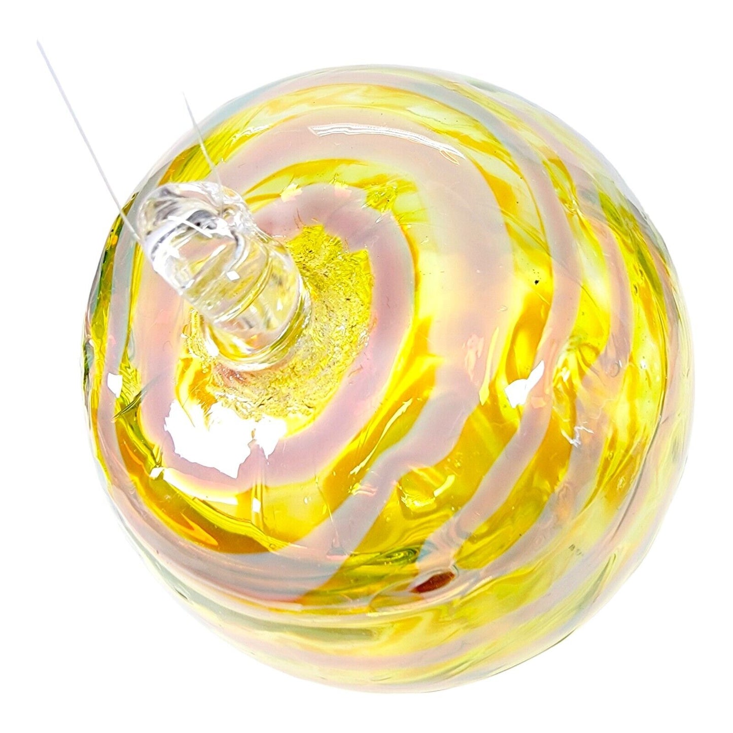 Hand Blown Studio Art Glass Ornament Ball Yellow Swirl 4.5" H