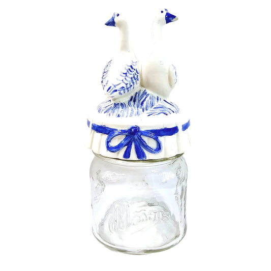 Vintage Geese Lid Mason Jar, 1 Cup, Blue and White Ceramic Top Country Farm Chic