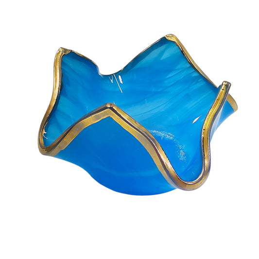 Signed Vintage Art Glass Handkerchief Bowl, Votive Holder, Turquoise Blue Glass with Gold Trim, 2.75" W x 2.5" H