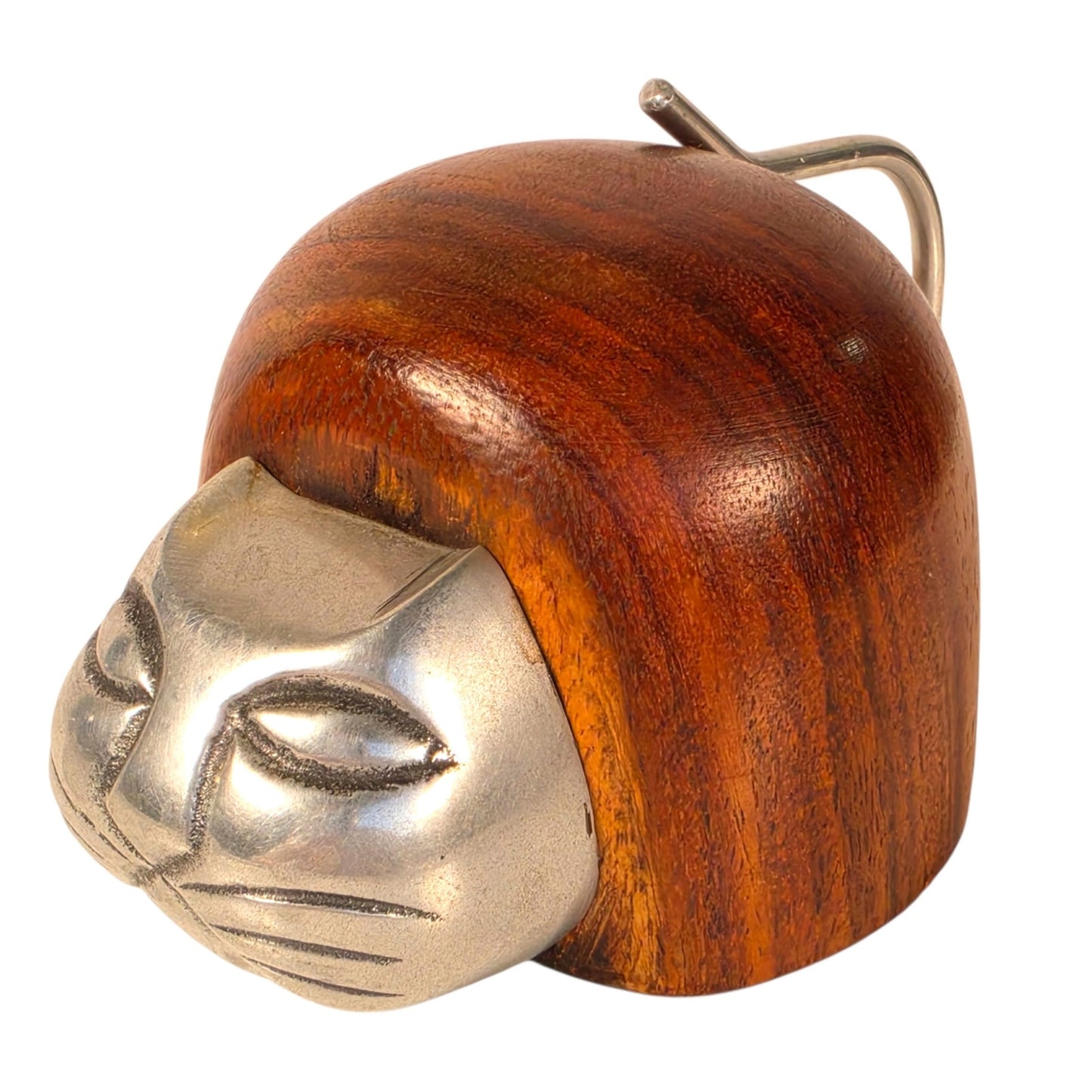 Vintage Wooden Cat Figurine Paperweight Metal Face India Boho Eclectic