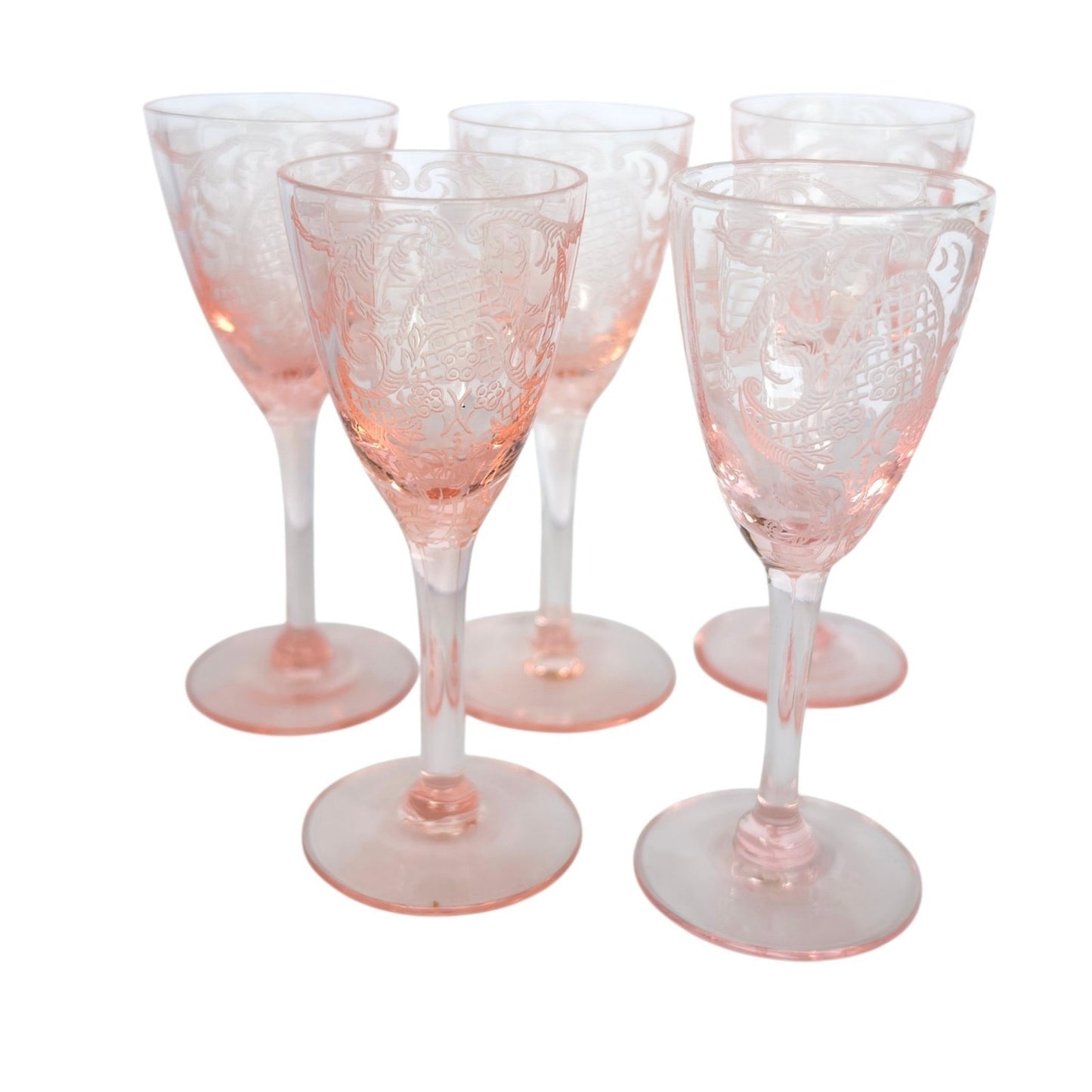 Rare 1929 Cambridge Glass Etched Pink Cordials Etch 740 Stem 3050 Set of 5