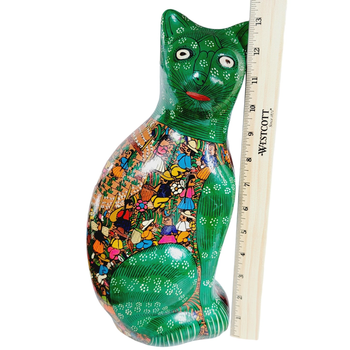 Large Folk Art Mexican Red Ware Pottery Cat Hand Painted