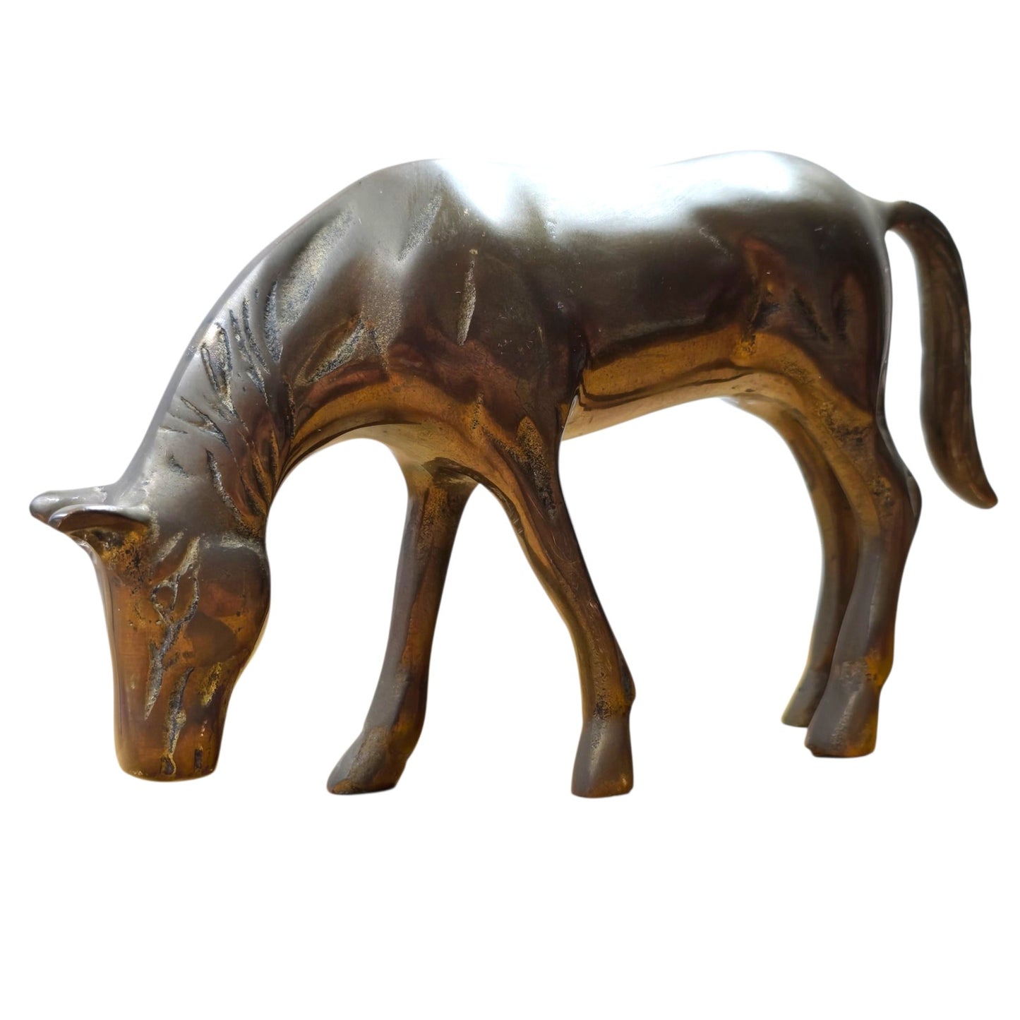Vintage Brass Horses Prancing / Grazing Brass Horse Figurines, Patina Anatomical