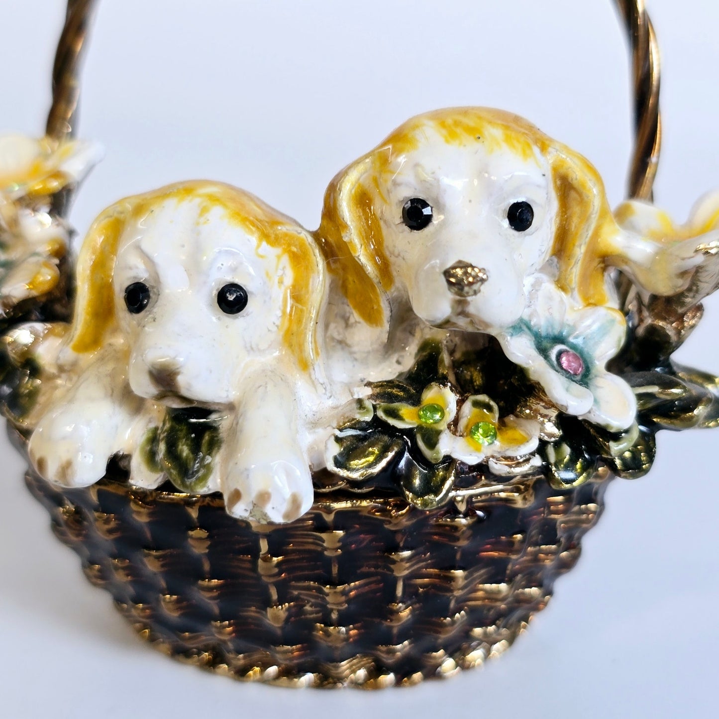 Puppies in a Basket with Flowers Metal Trinket Box