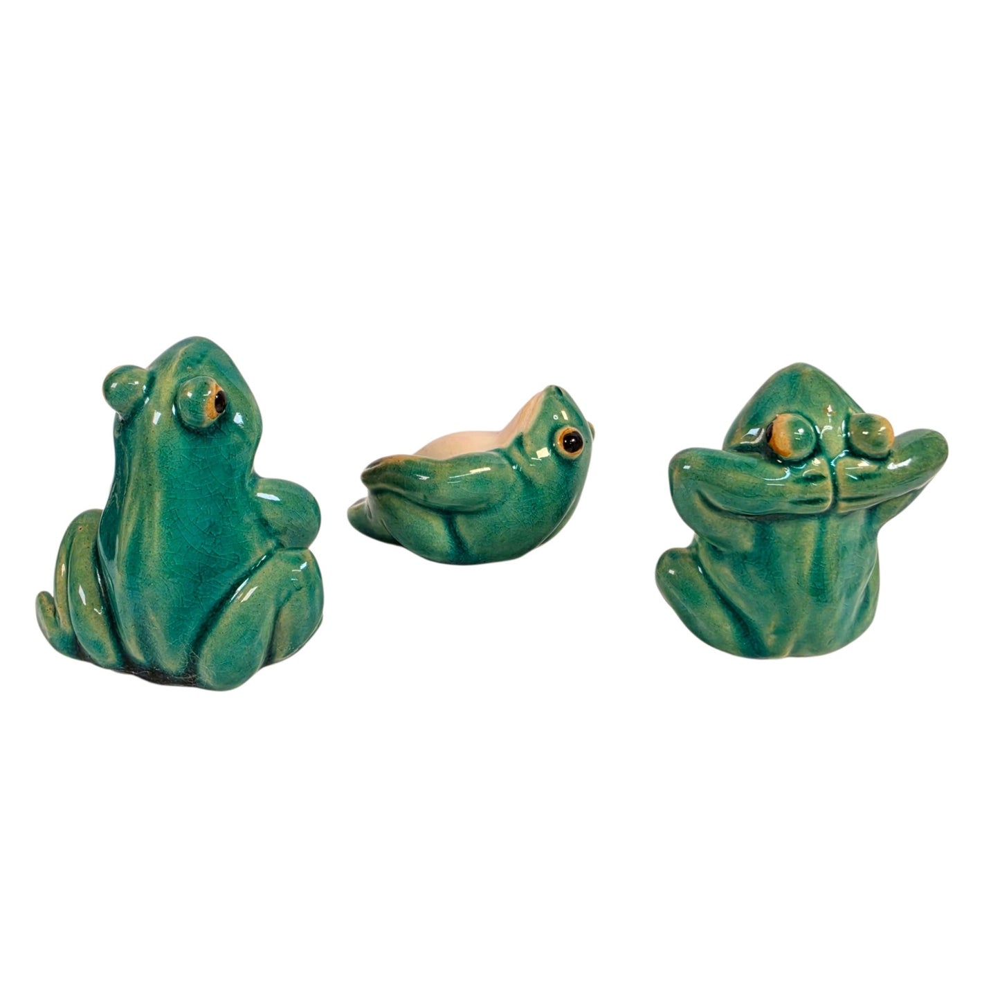 Vtg Ceramic Frog Figurines Lounging Set of 3 Whimsical Anthropomorphic MCM Decor