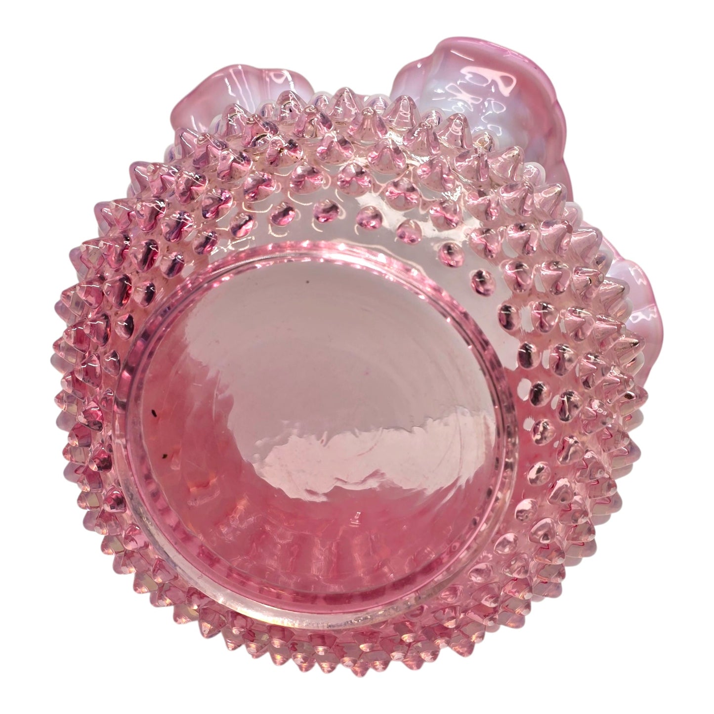 AS IS Fenton Cranberry Rose Opalescent Hobnail Ruffled Vase Uranium Reactive