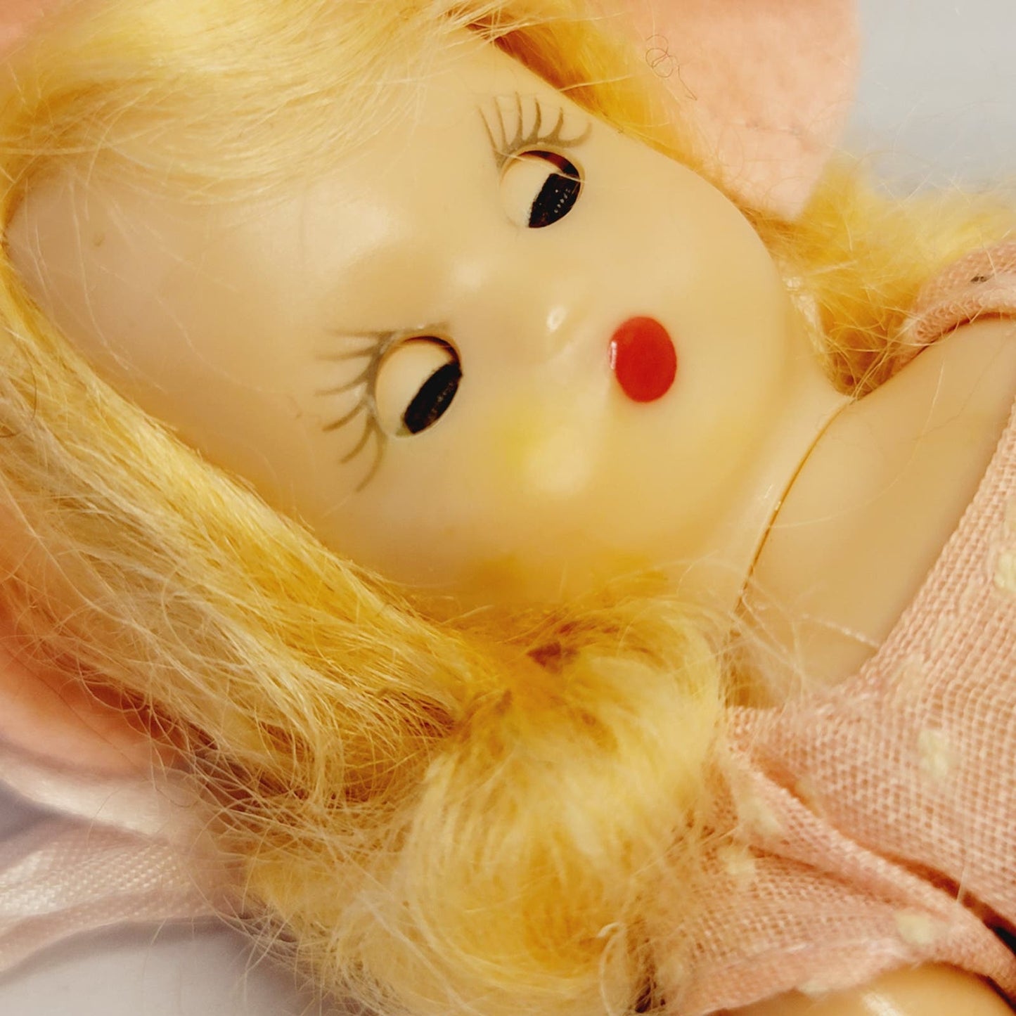 Vintage Nancy Ann 1950's Storybook Doll 5.75" Blonde Blue Eyes Pink Dress Blue Trim