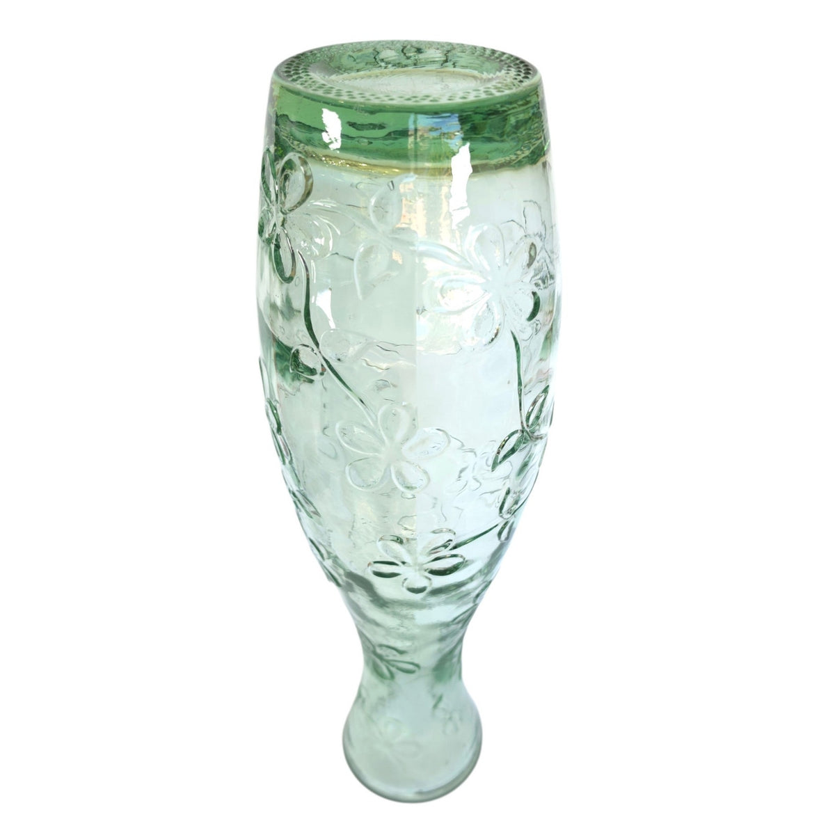 Vintage 1990s Green Recycled Glass Vase Embossed Floral Daisy 15.75" Tall