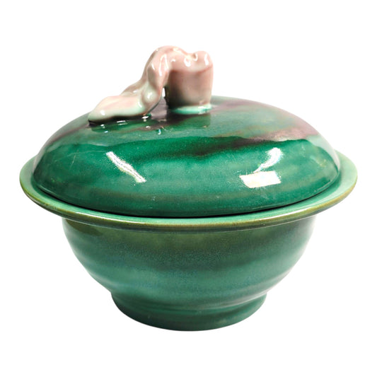 Vintage Stengl Pottery GreenTerra Rose Lidded Bowl Rose Finial Made in Trenton USA