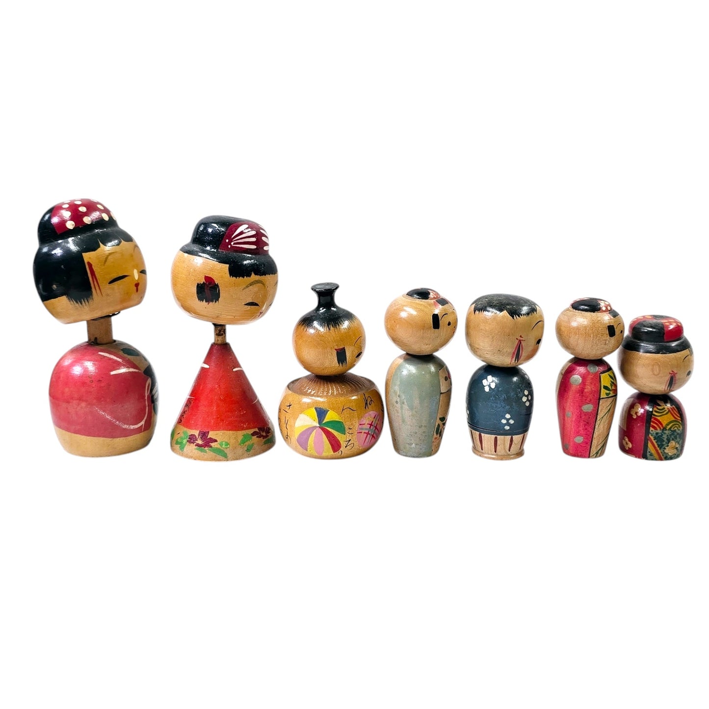 Lot of 7 Vintage Kokeshi Bobble Head Dolls