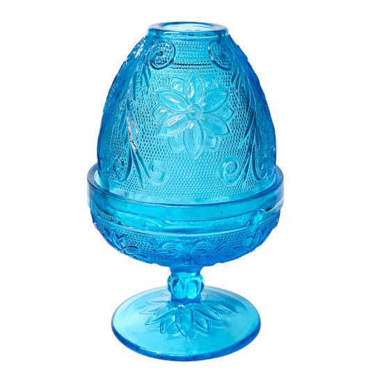 Vintage Indiana Glass Fairy Lamp "Horizon" Aqua Blue Floral Tiara Exclusives