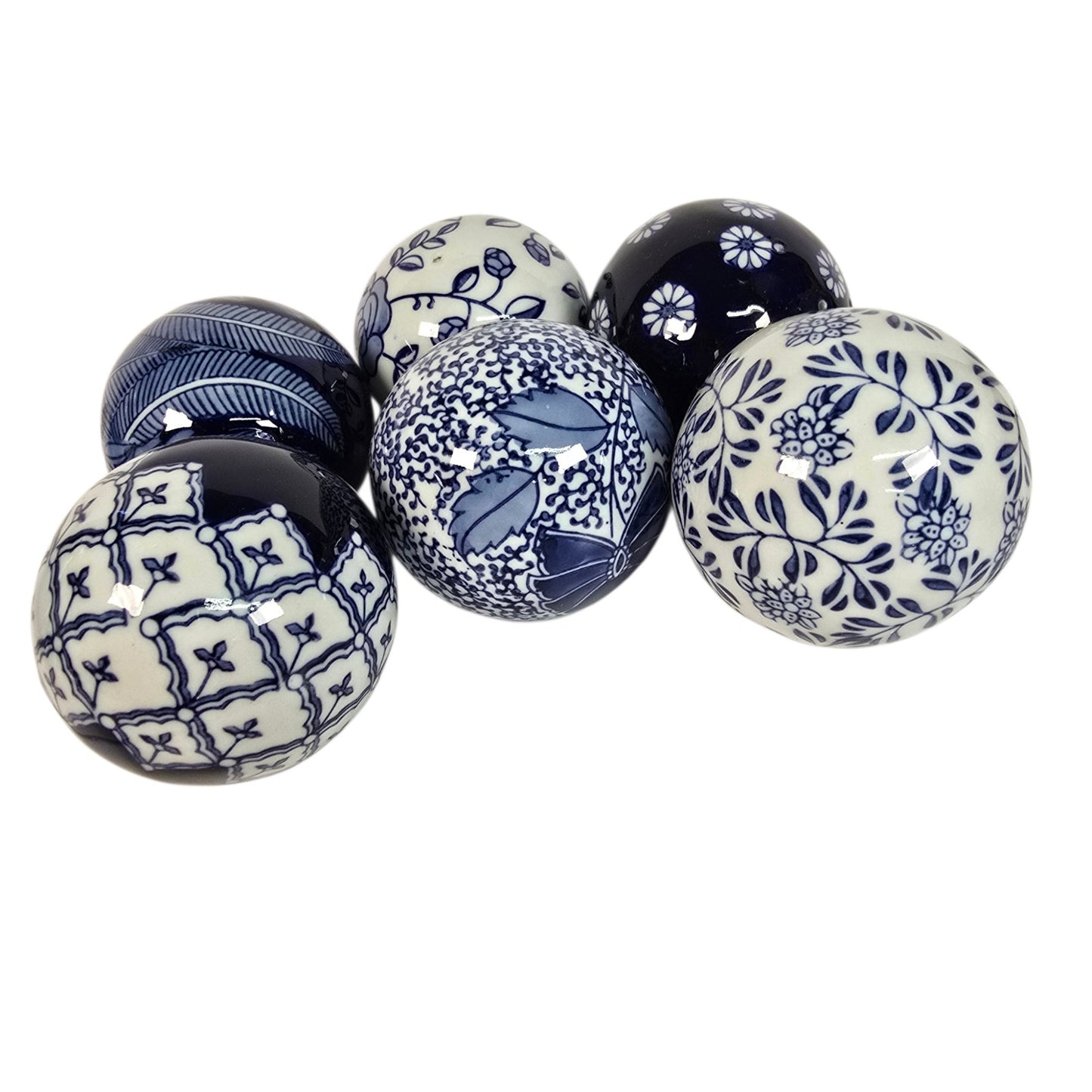 Blue and White Ceramic Decorative Orbs Set of 6 Chinoiserie Style Home Decor
