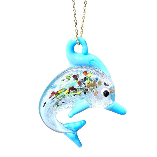 Murano-Style Glass Dolphin Pendant Necklace Italy 925 Gold Chain Ocean Jewelry