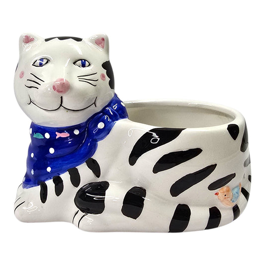 Striped Cat Planter Ceramic Handpainted Blue Scarf Bird Vtg Certified Intl CIC