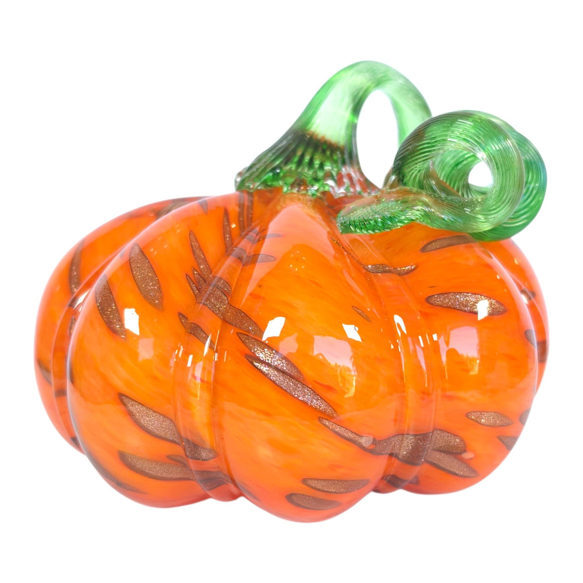 Hand Blown Orange Art Glass Pumpkin Green Curled Vine Stem Metallic Accents