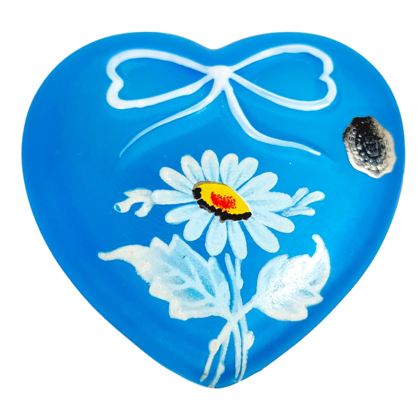 AS IS 1970's Westmoreland Daisy Blue Satin Glass Heart Trinket Dish with Lid FLAW
