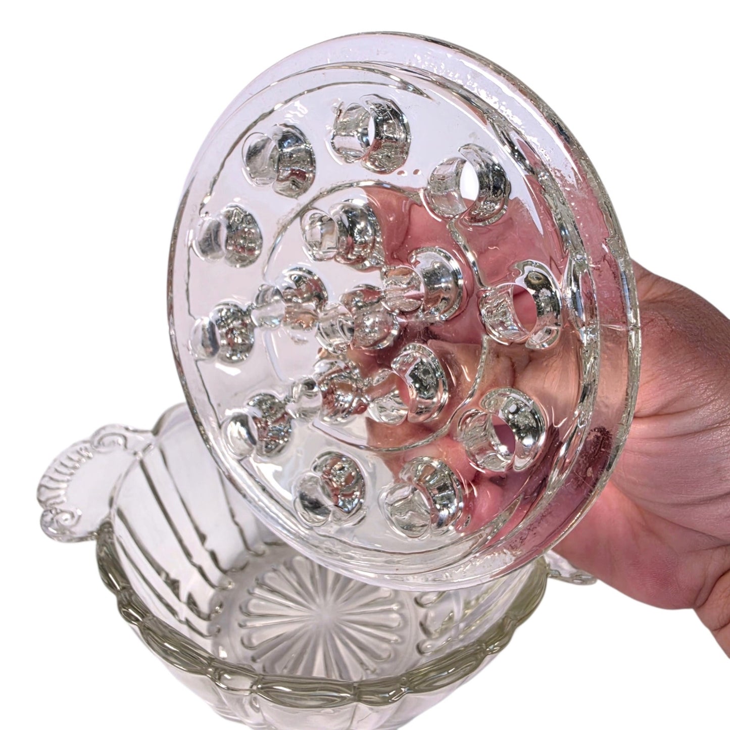 Vintage Clear Pressed Glass Flower Frog Bowl 16-Hole Handle Vase Set