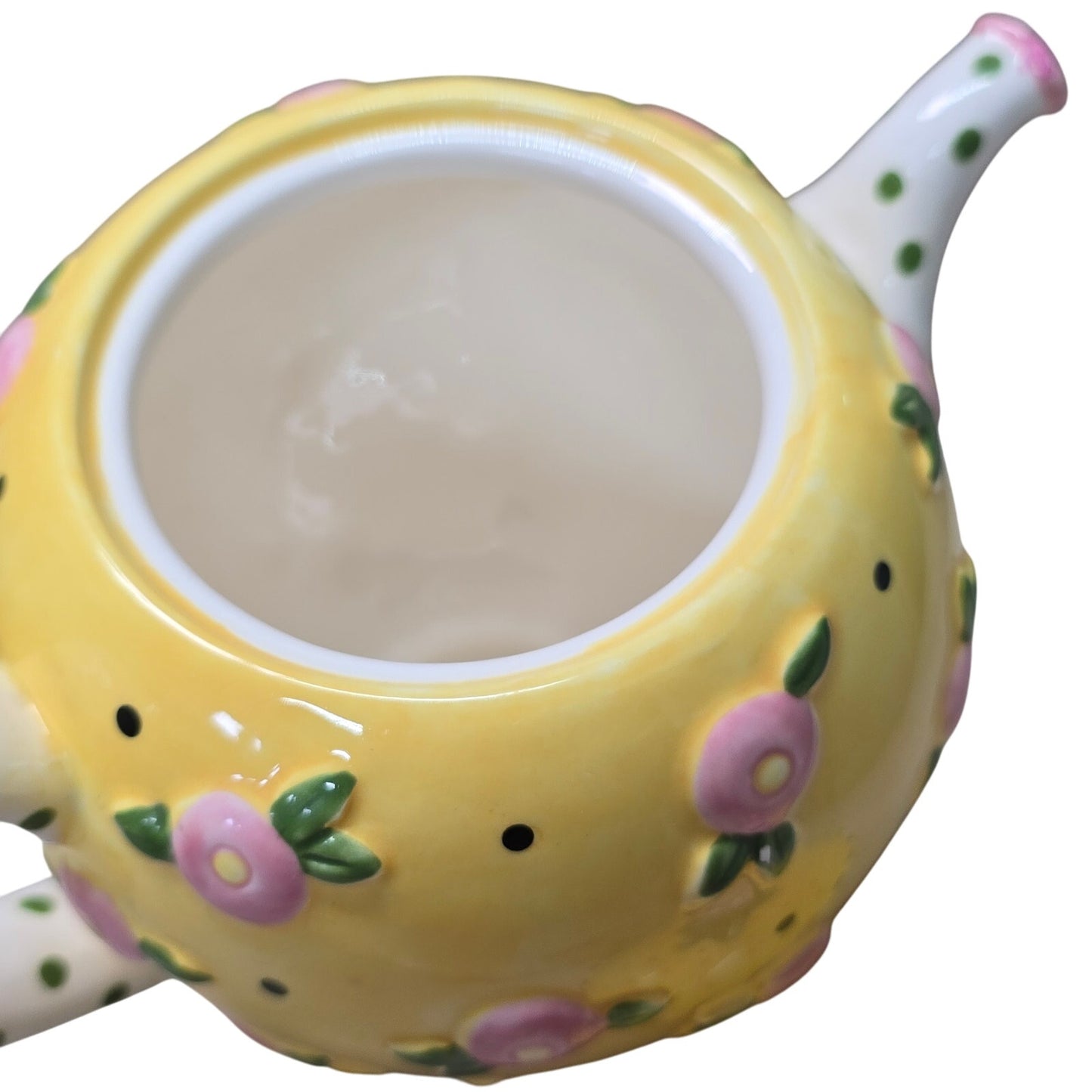 AS IS VTG 1997 ME Mary Engelbreit Ceramic Teapot, Yellow Pink Flower 8”, Flaw