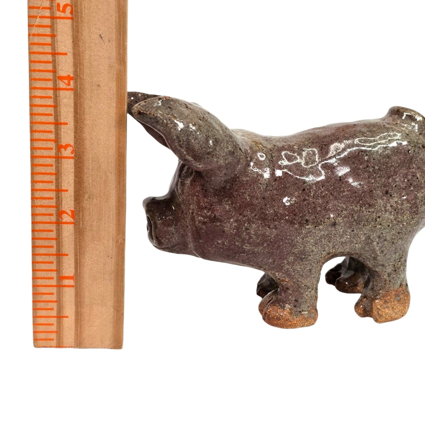 Vintage Studio Art Pottery Pig Figurine Signed BA Primitive Brown Glazed Clay