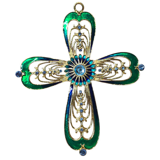 Enamel and Rhinestone Gold Tone Cross Wall Hanging