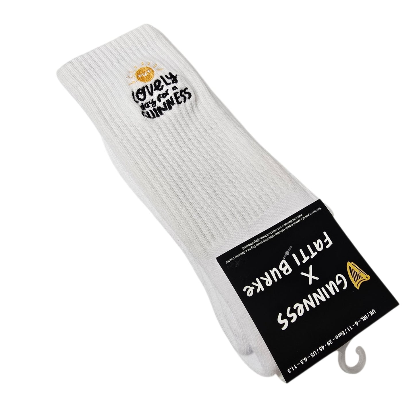 Guinness x Fatti Burke Socks New White Crew Socks Lovely Day For A Guinness NWT