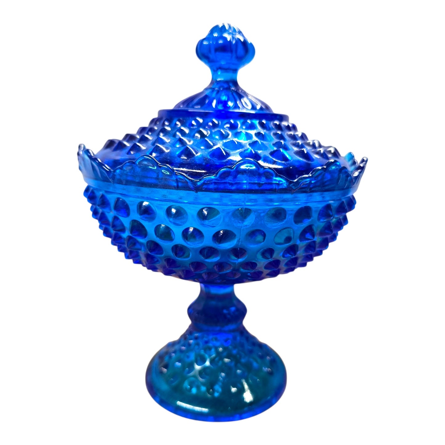 Vintage Blue Hobnail Covered Compote Pedestal Candy Dish – Glows Under 365nm UV