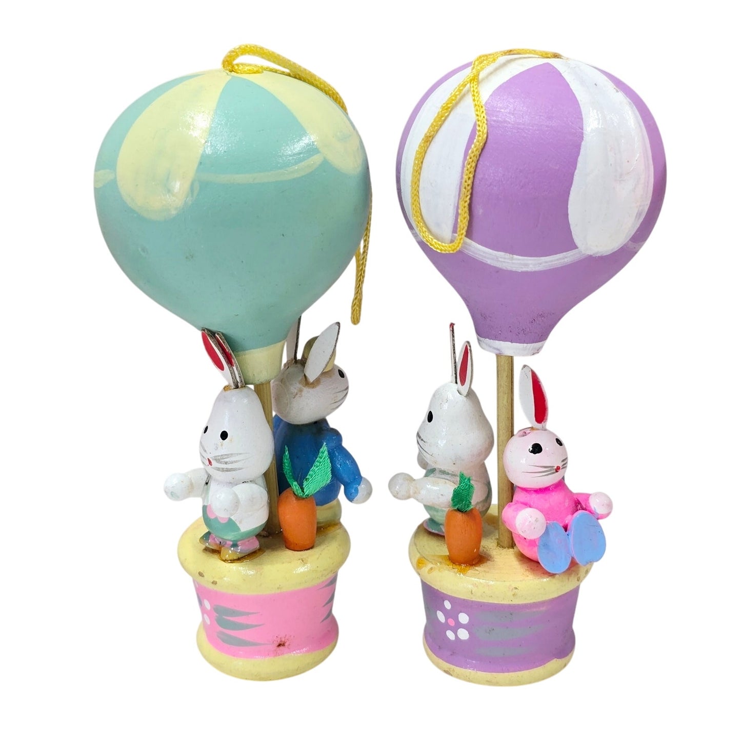 Set of 6 Adorable Vintage Wooden Hot Air Balloon Easter Ornaments with Bunnies and Chicks, Handpained