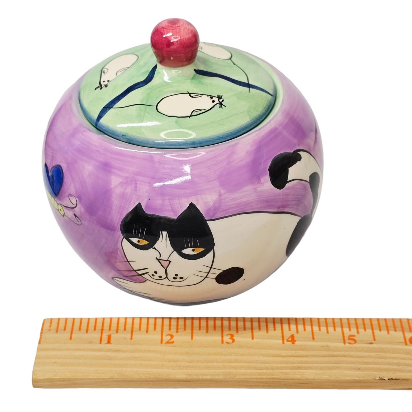 Vintage Kitsch Black Cat and Mouse Ceramic Canister - Purple Floral