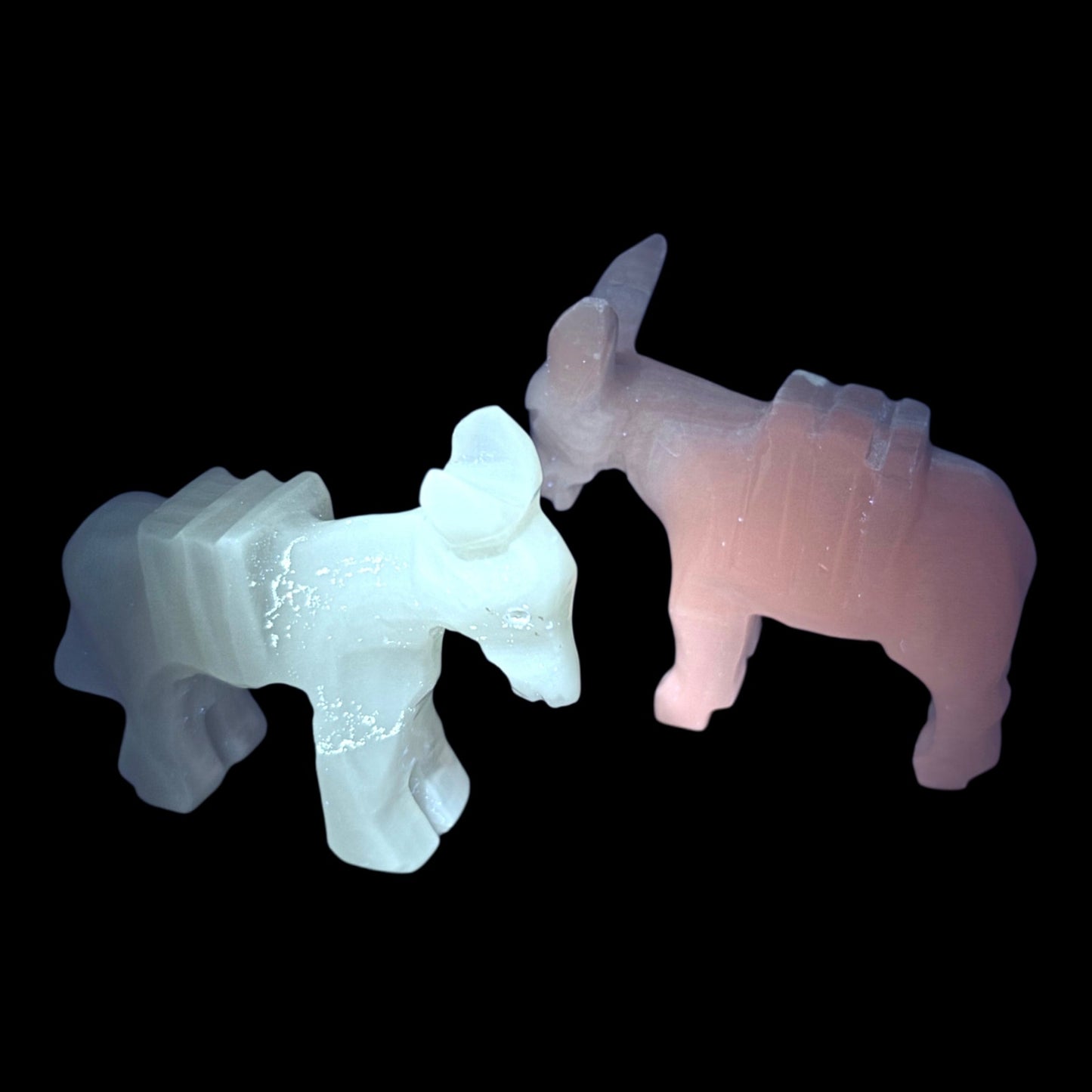 Vtg Carved Onyx Alabaster Donkey Figurines Pair UV Reactive Stone Nativity Piece