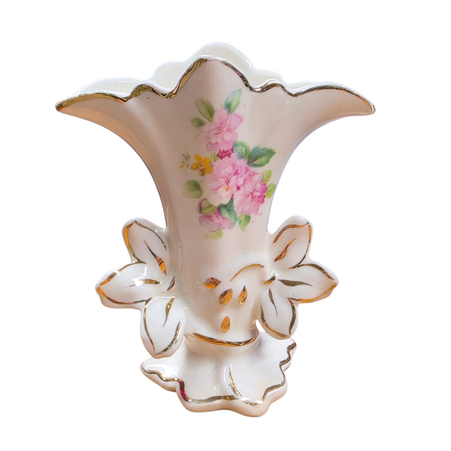 Vintage Floral Fan Vase Ceramic Pink Bud Vase Gold Trim Accent Art Deco AS IS