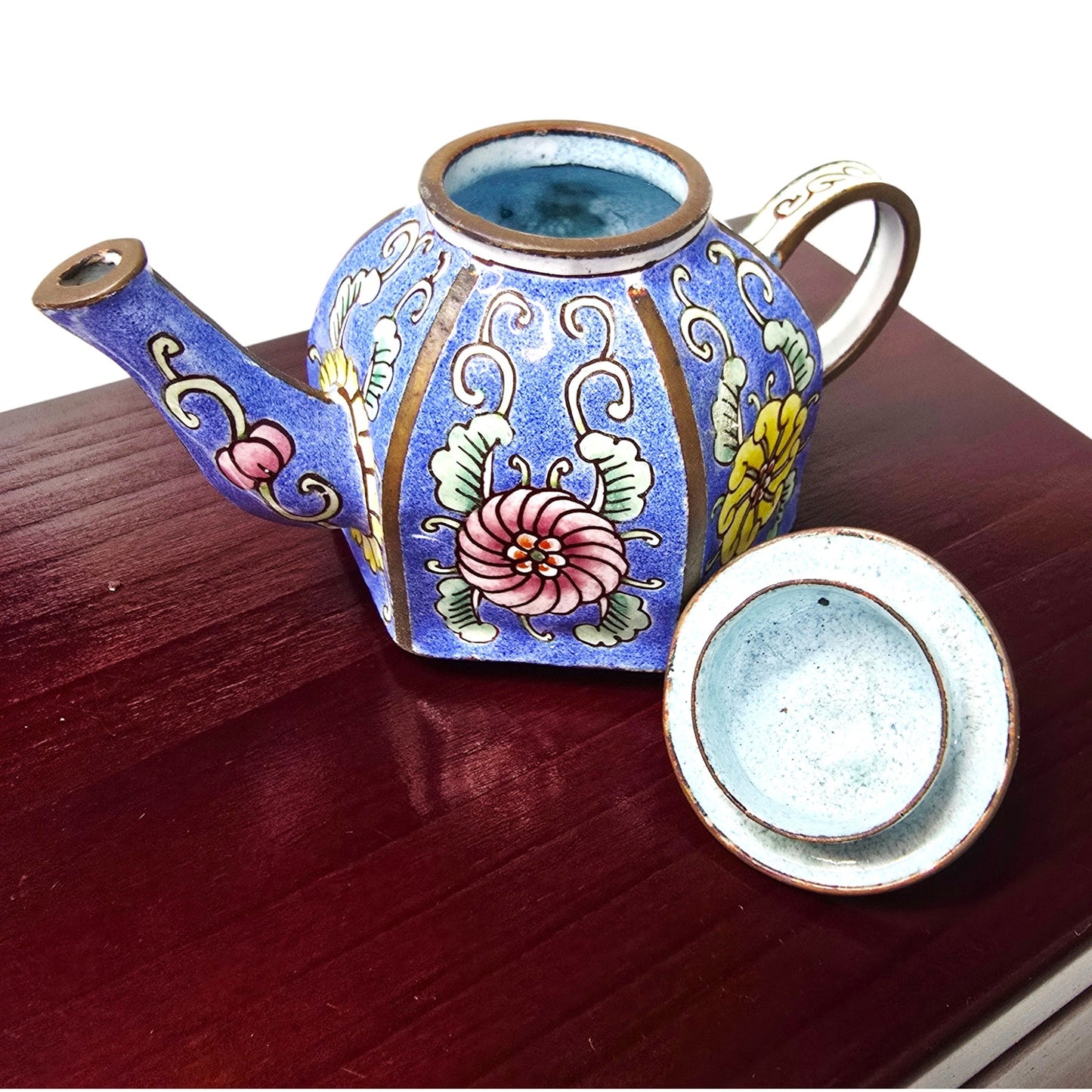 Vintage Miniature Cloisonné Enamel Teapot with Wooden Box - Lined Keepsake Set