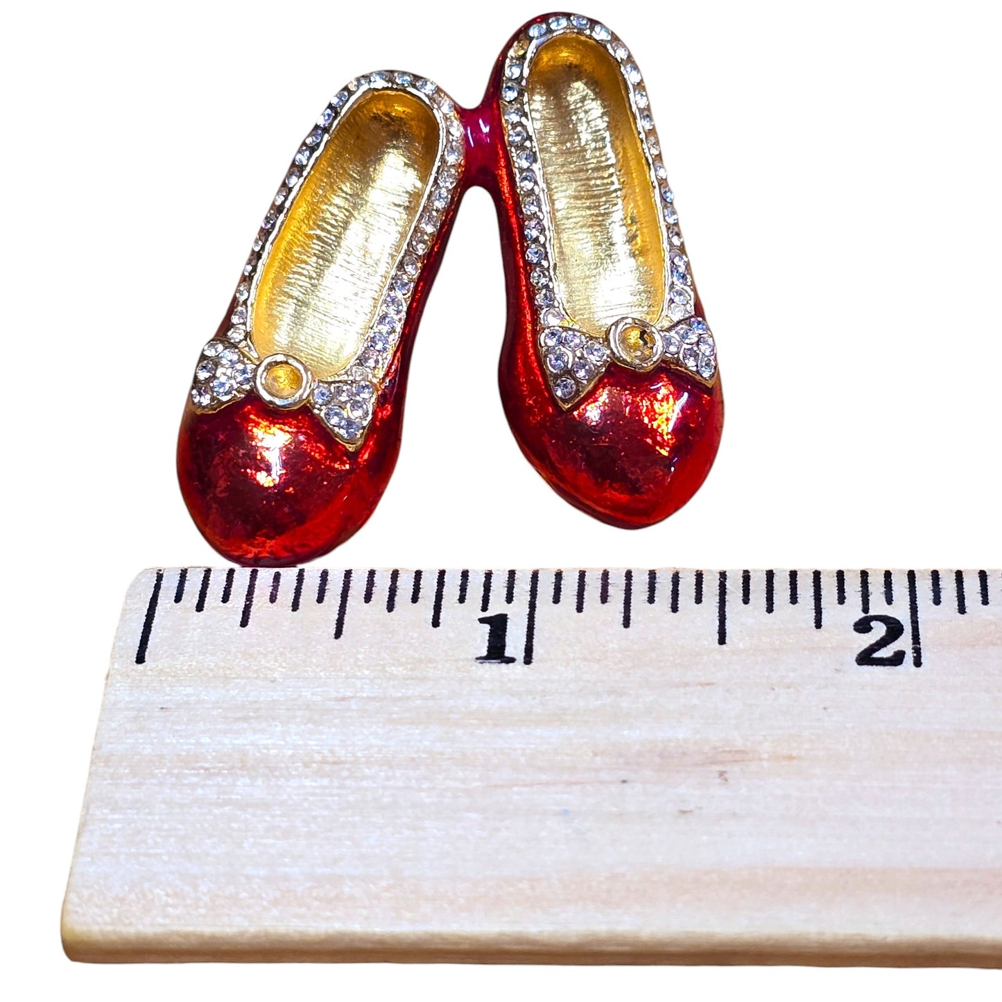 AS IS Ruby Slippers Red Enamel Rhinestone Accents Bow Red Shoes Pin Brooch Jewelry