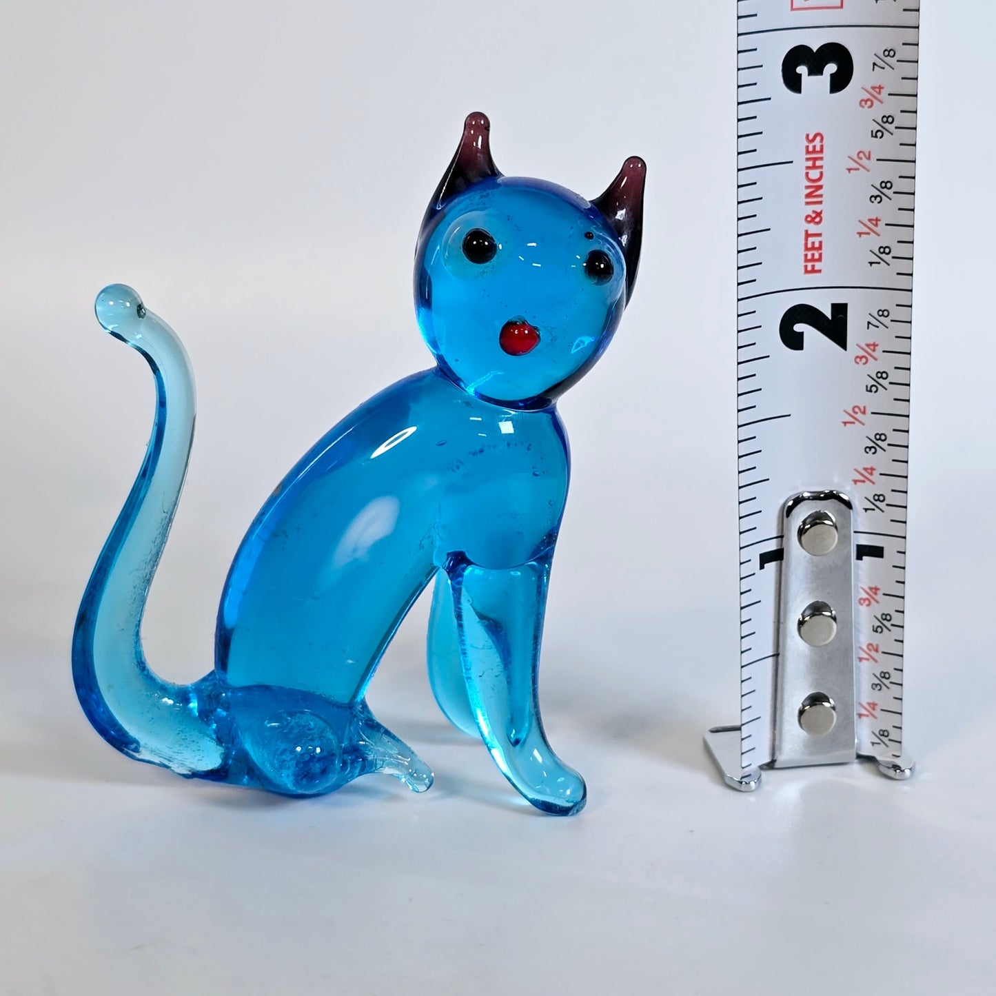 Handblown Blue Art Glass Cat, Sitting, Blue Stretch Glass Cat