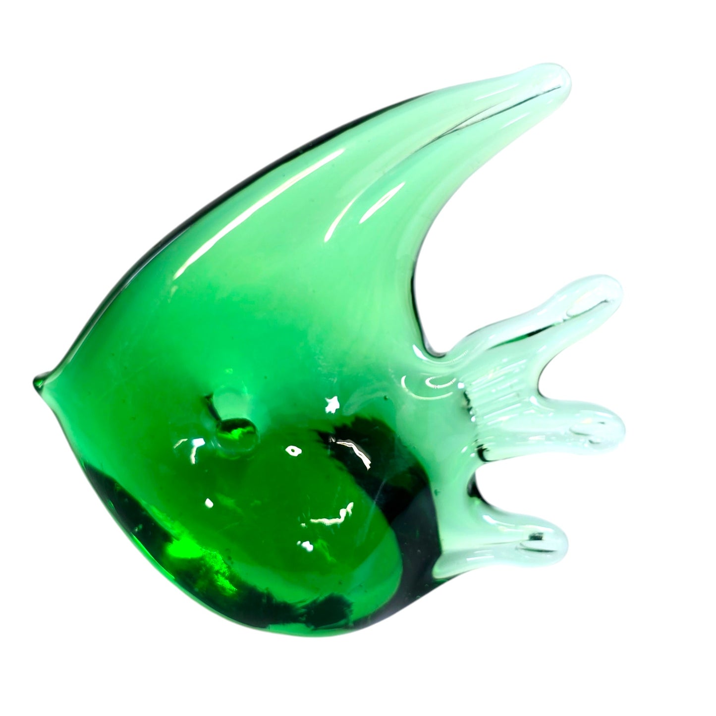 Handblown Green Art Glass Fish Paperweight, Polished Bottom