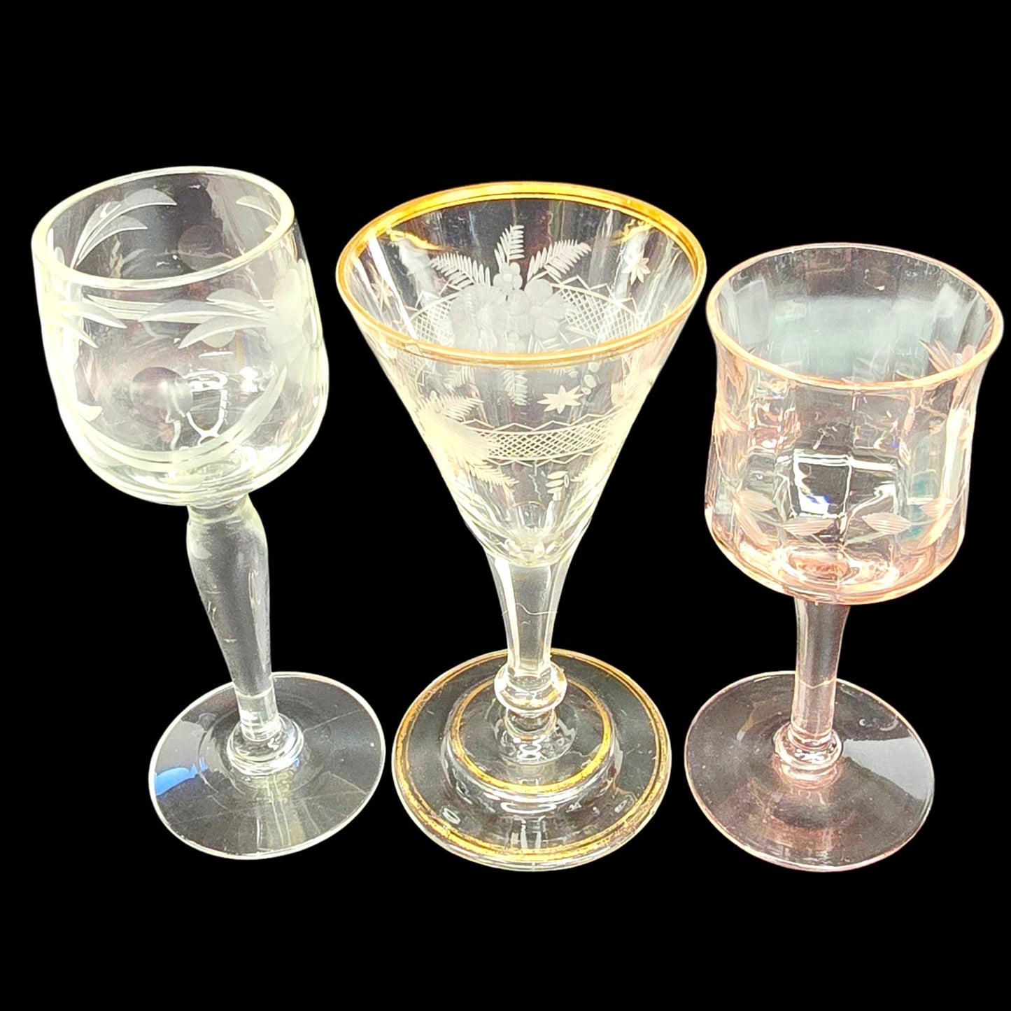 Trio of Petite Vtg Cordial Glasses Mismatched Minitature Liqueur Glass Set Read