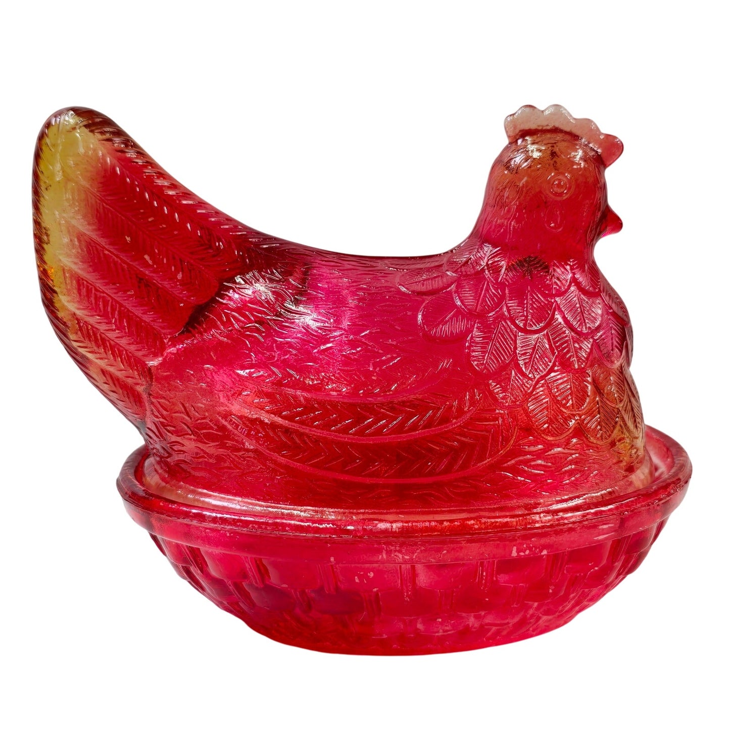 Vintage Red Amberina Flashed Glass Hen on Nest Lidded Candy Dish