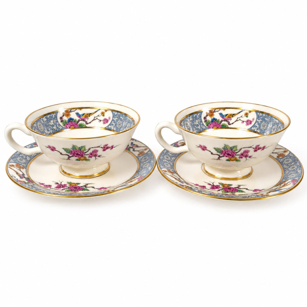 Vintage Lenox Ming P-16 Footed Teacups & Saucers Set of 2 Bird Floral Gold USA