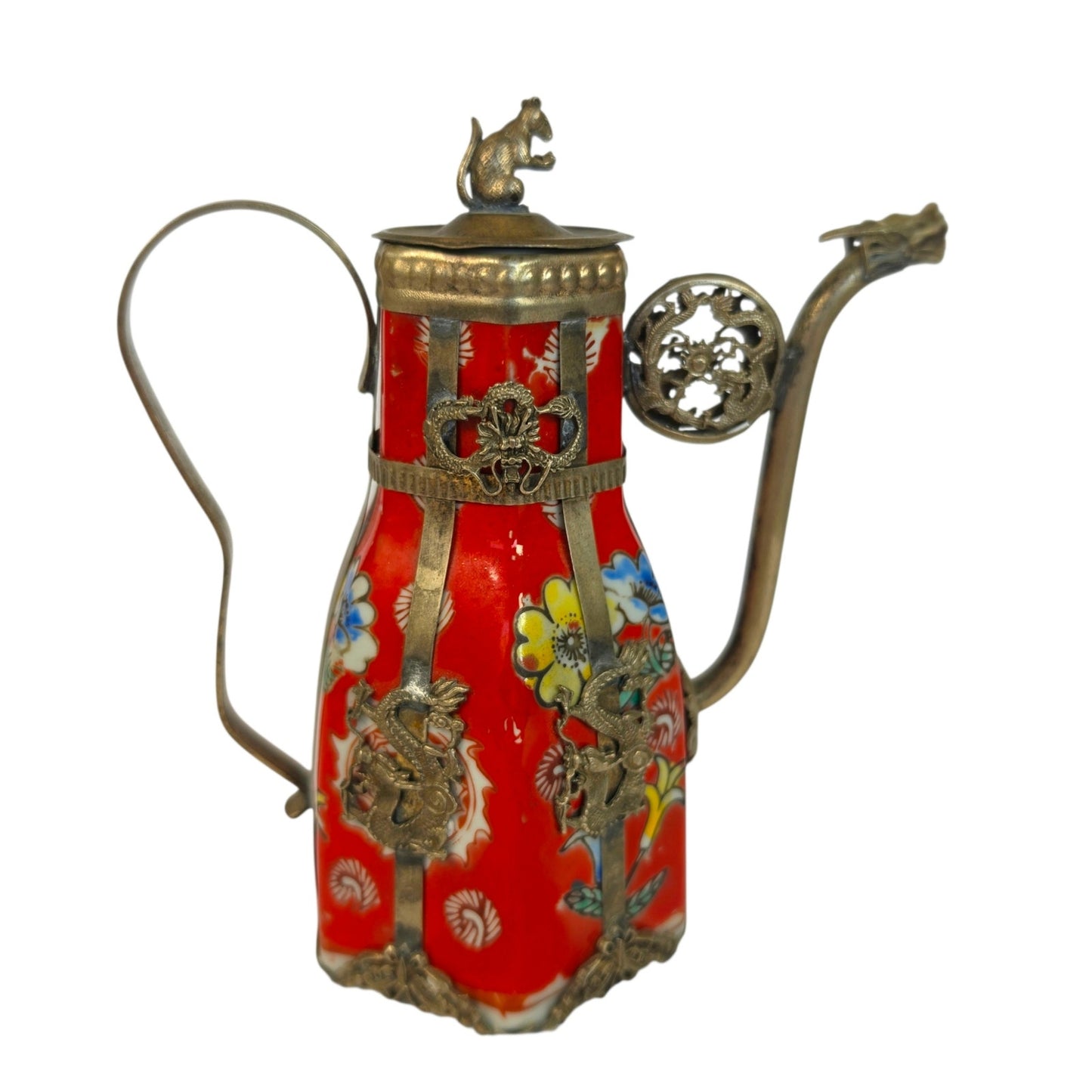 Vintage Miniature Tibetan Porcelain Teapot Metal Filigree Red Dragon Squirrel