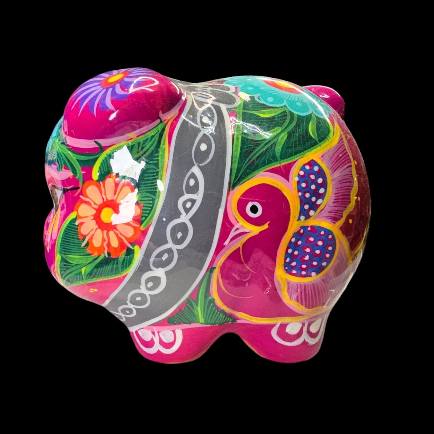 Mexican Pottery Hand-Painted Piggy Bank, Glows under Black Light