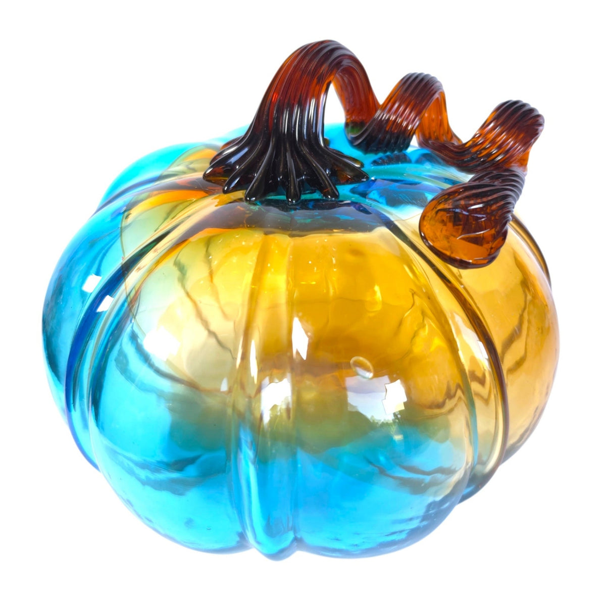 Hand Blown Art Glass Pumpkin Turquoise Blue Amber Brown Curly Stem Fall Decor