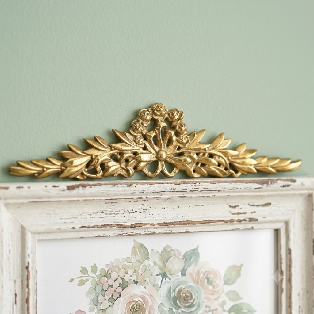 Vtg Brass Furniture Embellishment Applique Wall Plaque Floral Swag Pediment 15"
