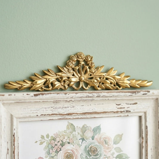Vtg Brass Furniture Embellishment Applique Wall Plaque Floral Swag Pediment 15"