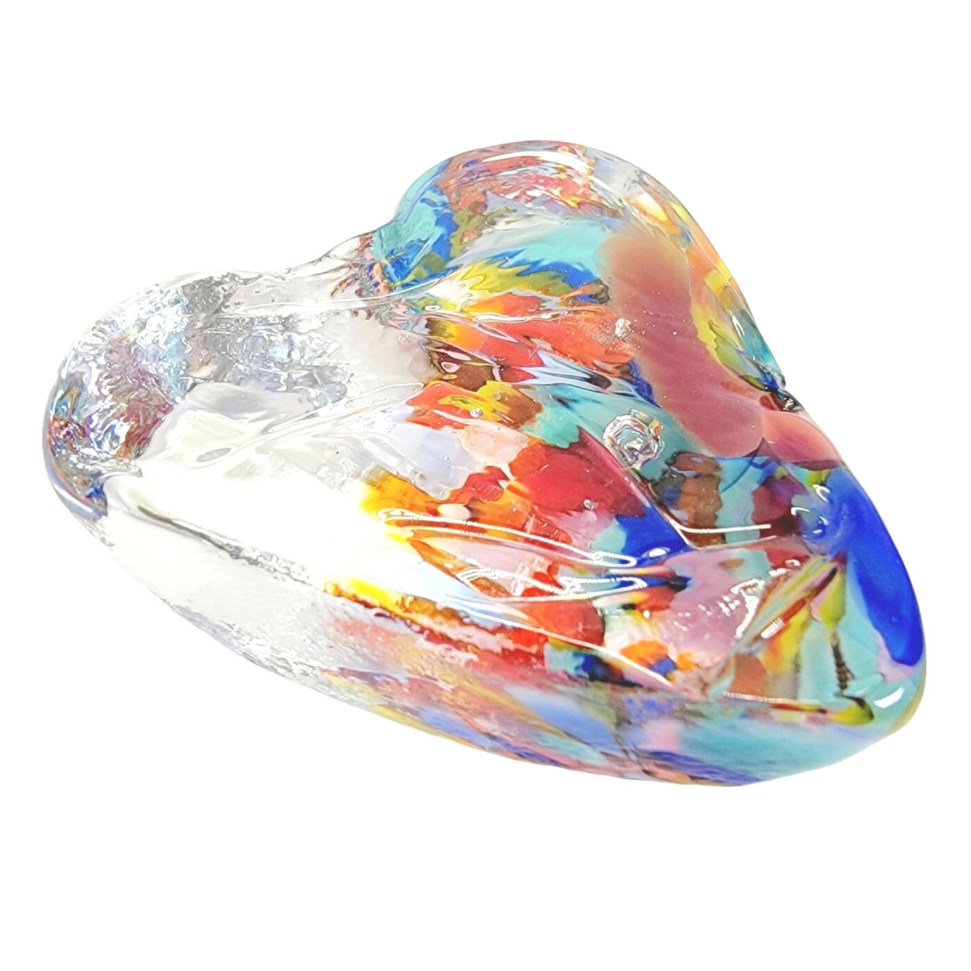 Small Hand Blown Art Glass Heart Paperweight, Applied Rainbow Colors