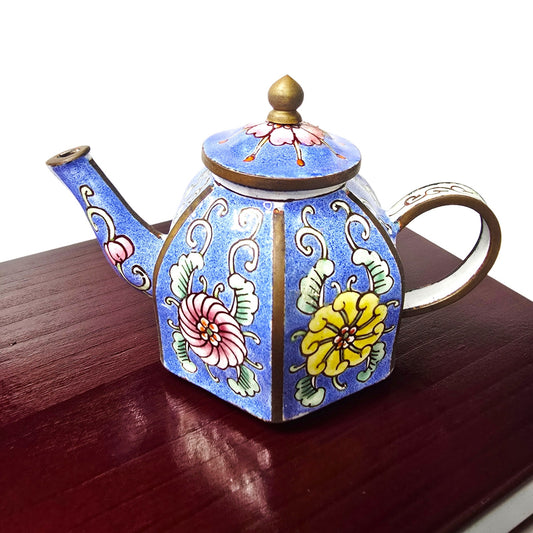 Vintage Miniature Cloisonné Enamel Teapot with Wooden Box - Lined Keepsake Set