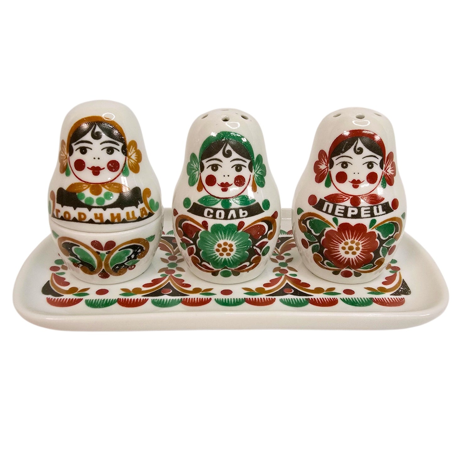 Gardner Verbilki Russian Porcelain Matryoshka Condiment Set Salt Pepper Mustard