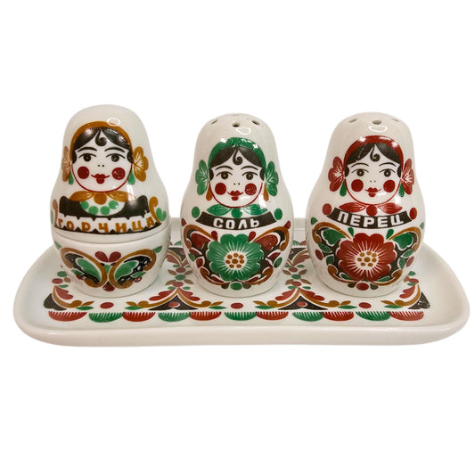Gardner Verbilki Russian Porcelain Matryoshka Condiment Set Salt Pepper Mustard