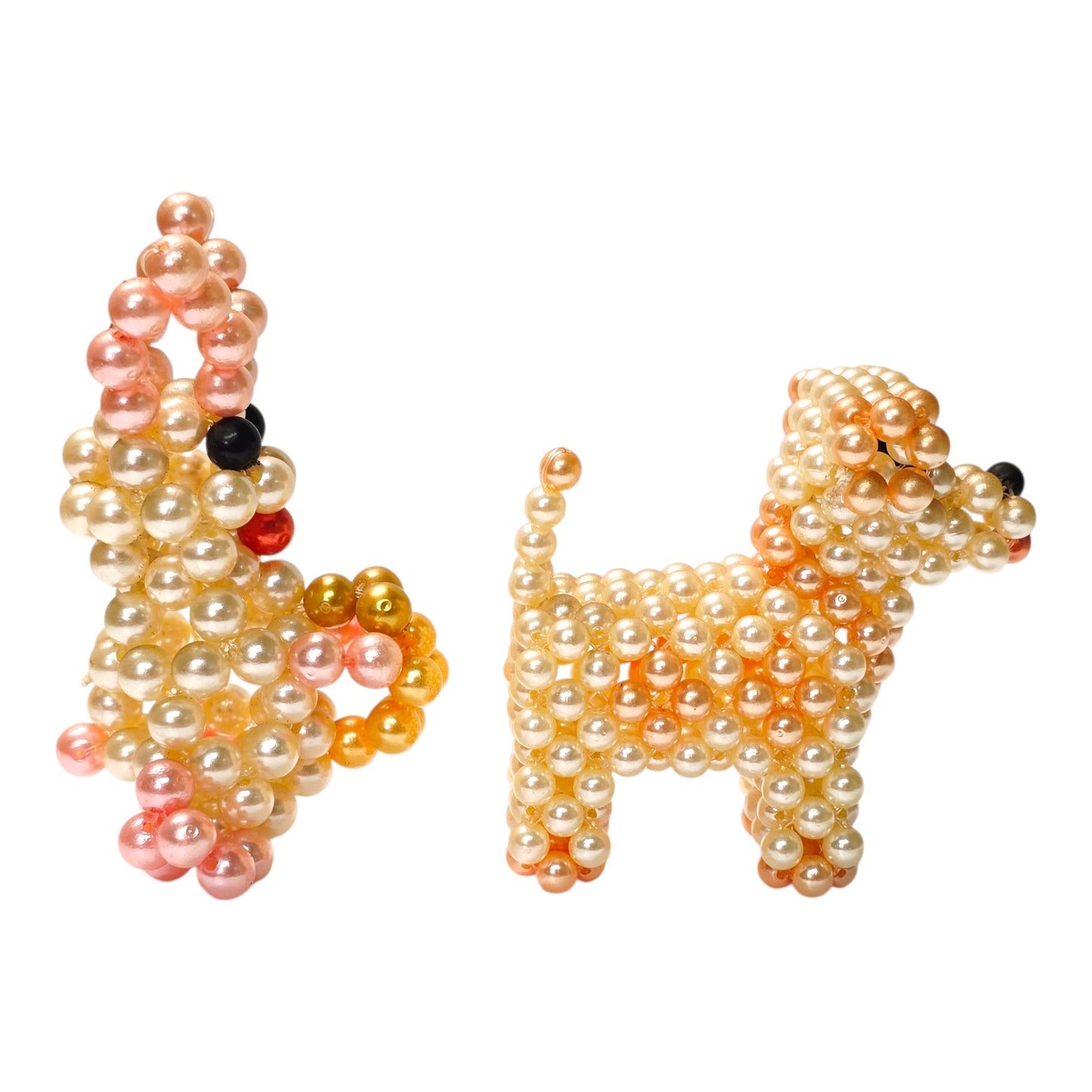 Set of 2 Vintage Faux Pearl Beaded Dog and Bunny Pink & Cream Pearl Figurines
