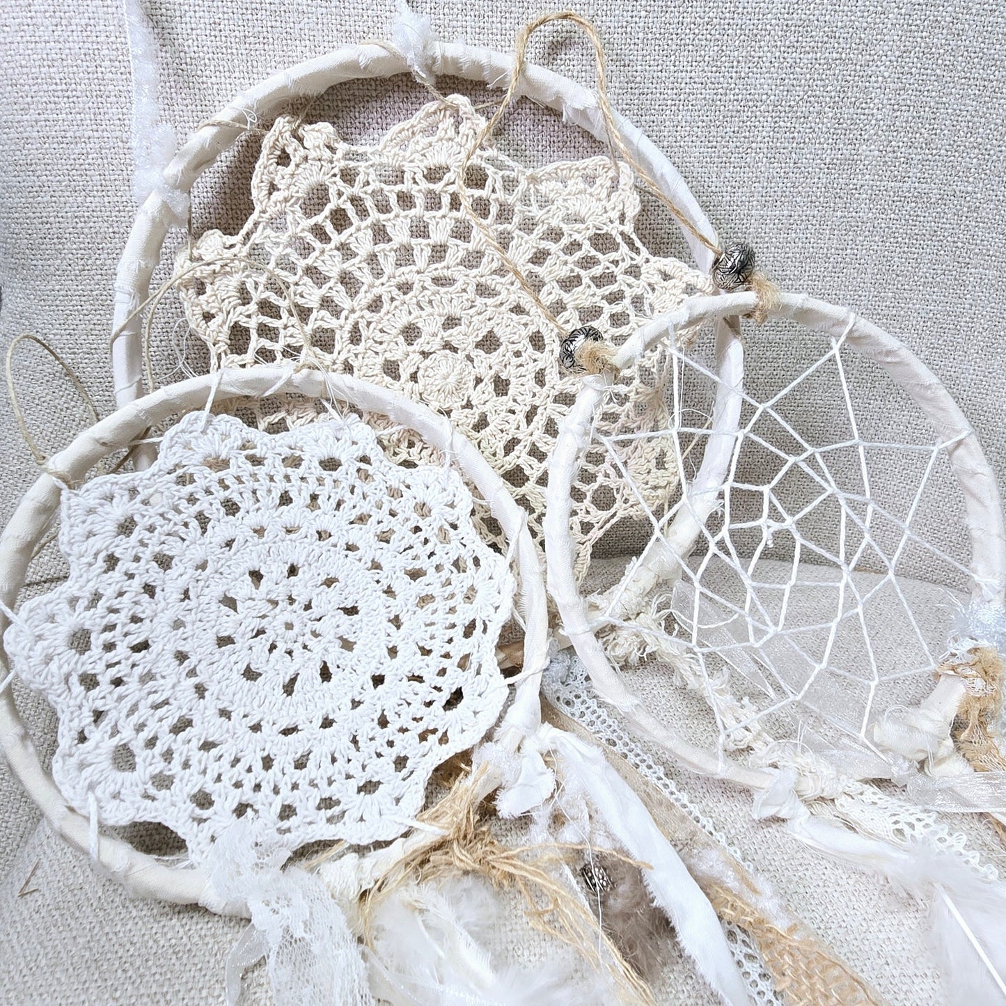 Ribbon and Lace Dream Catchers Set of 3 Bojo Style Shabby Chic Handcrafted Decor