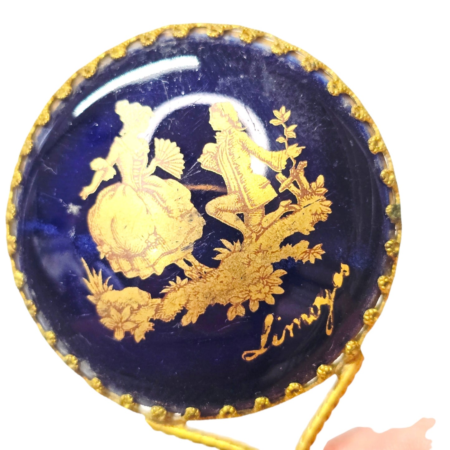 Vintage Limoges Porcelain Hand Mirror Courting Couple Scalloped Beaded Filigree