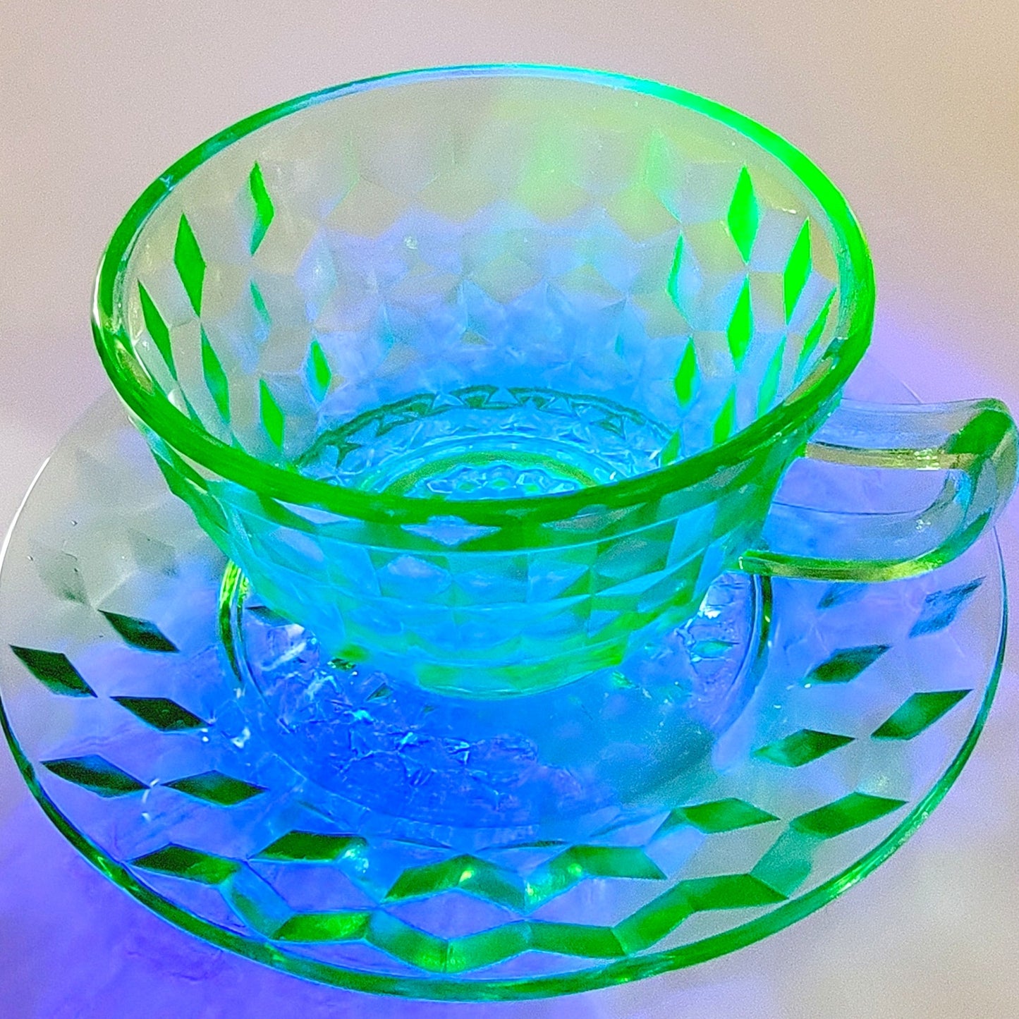 Green Cubist Glass Teacup and Saucer, Jeannette Windsor Vaseline Glass Cup and Saucer